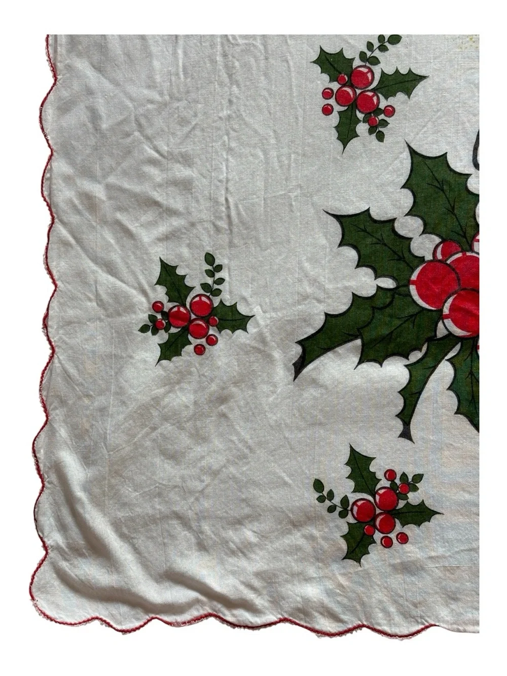 MCM Christmas Curtain Panel Holiday Textile Candle Holly Berry Red Scallop Trim
